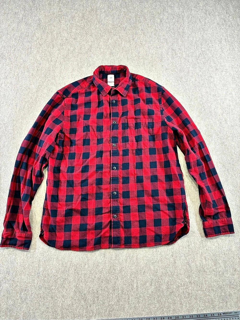 H&M Men's L Plaid Flannel Cotton Long Sleeve Button-Up Point Collar Pocket